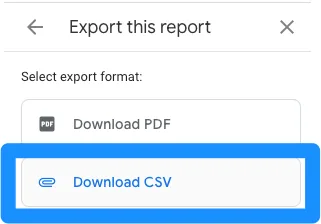 The Download file menu in GA4 with the Download CSV option.