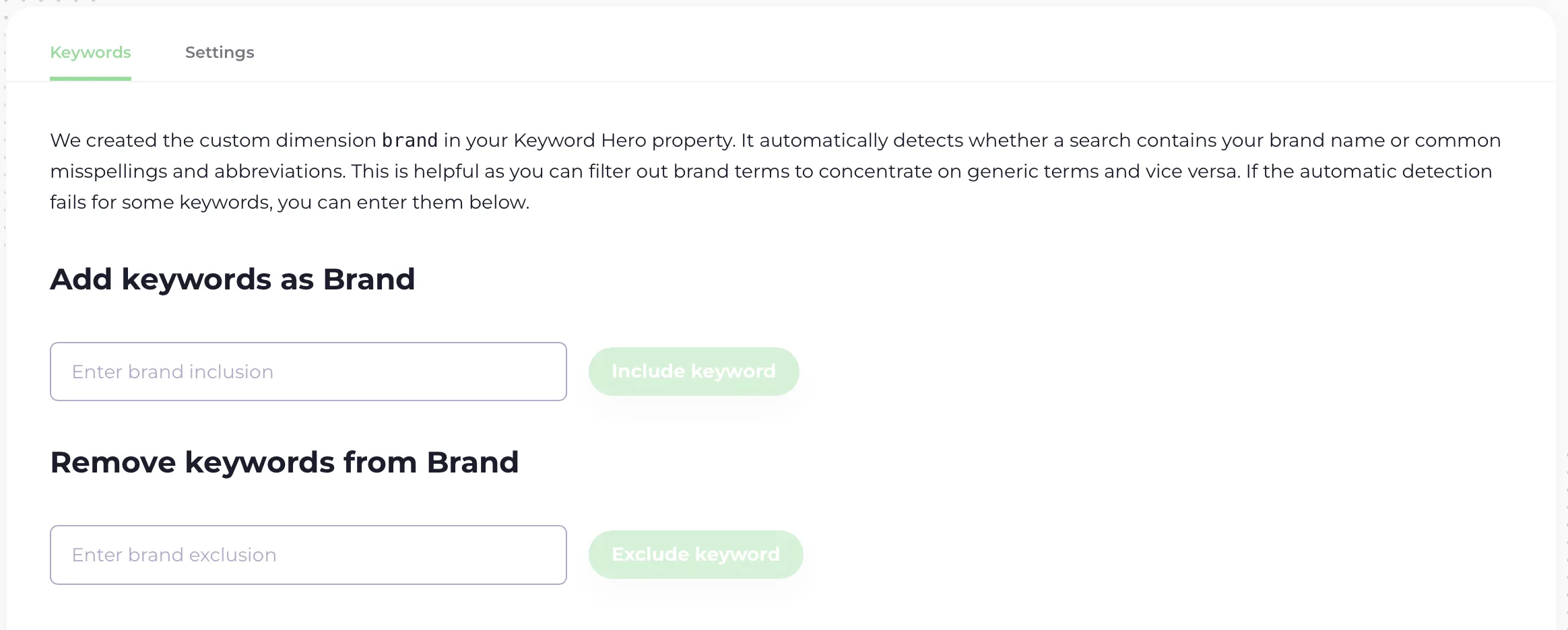 Two text boxes in the Keywords tab: one to add keywords to the brand list, one to remove them.