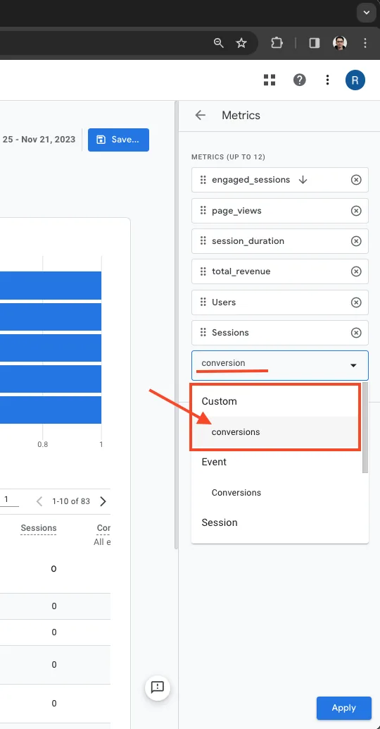The Add metric dropdown with the lowercase conversions custom metric selected.