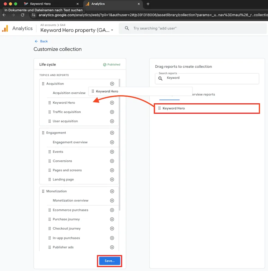 The collection editor with the Keyword Hero report being dragged into the Acquisition topic.