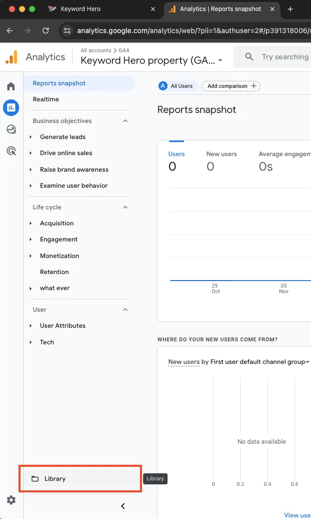 The Reports section of GA4 with the Library link at the bottom left.