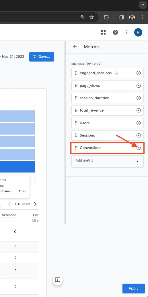 The metrics list in the report editor with the Conversions metric and its remove button highlighted.