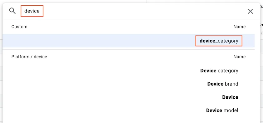 The dimension picker with device_category typed into the search field.