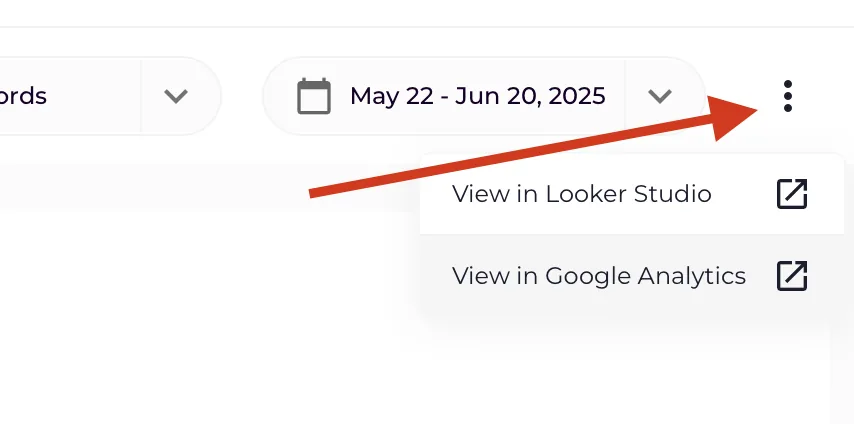 The three-dot menu in the app, with links to Google Analytics and Looker Studio.