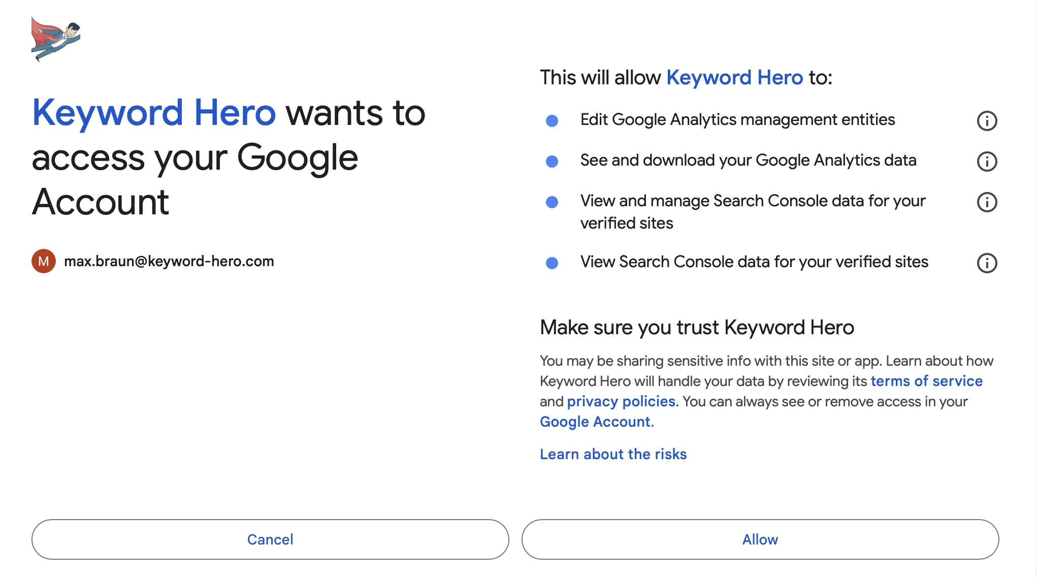 The Google consent screen asking to allow Keyword Hero access to Google Analytics and Search Console.
