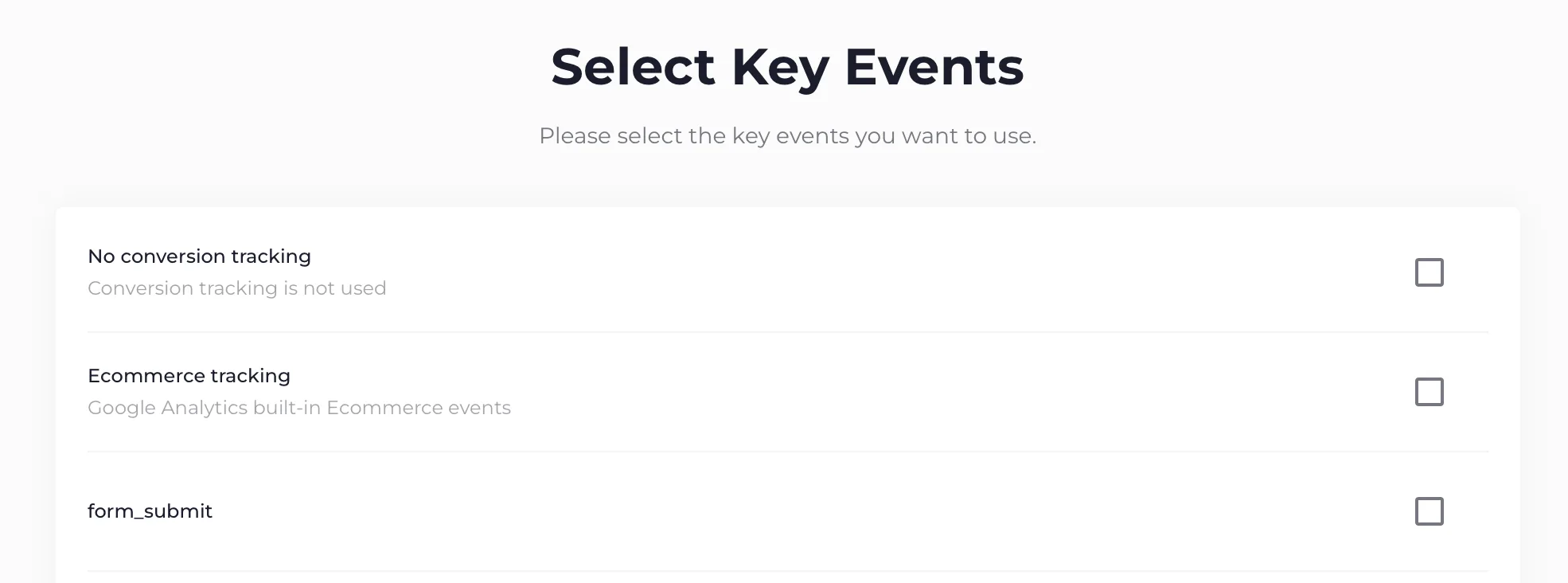 The key event step listing ecommerce tracking and the key events defined in the Google Analytics property.