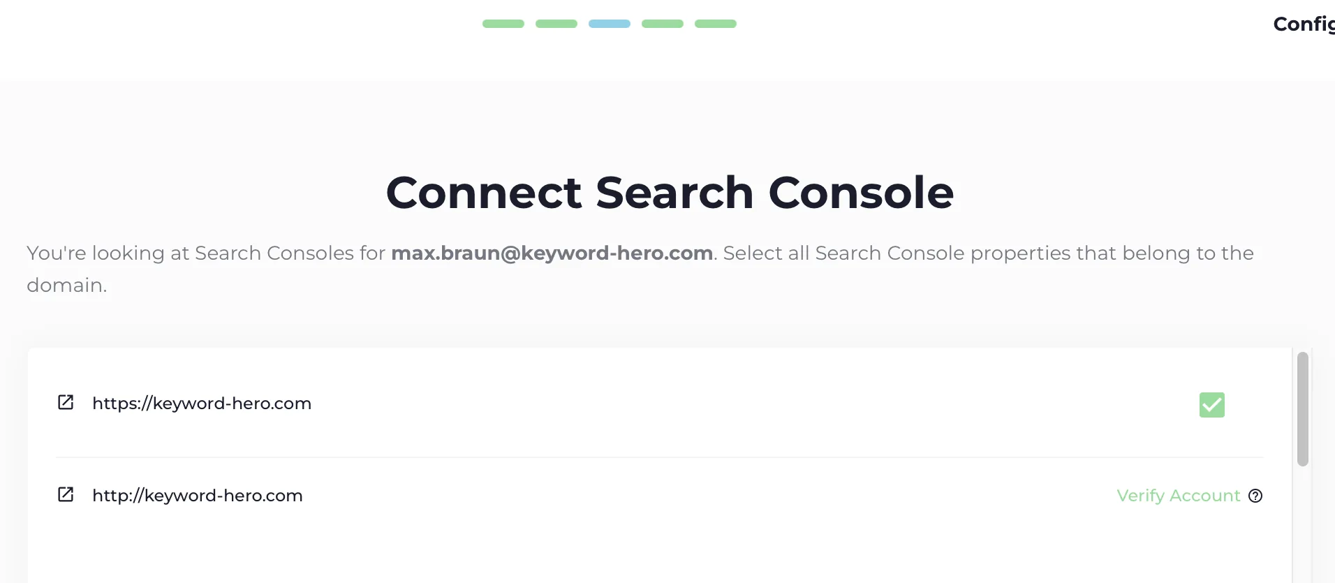 The Search Console step with the matching properties selected.