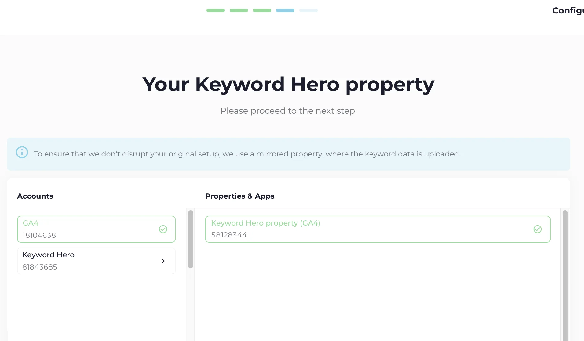 The step that creates the Keyword Hero property, with the Google Analytics account selection on the left.