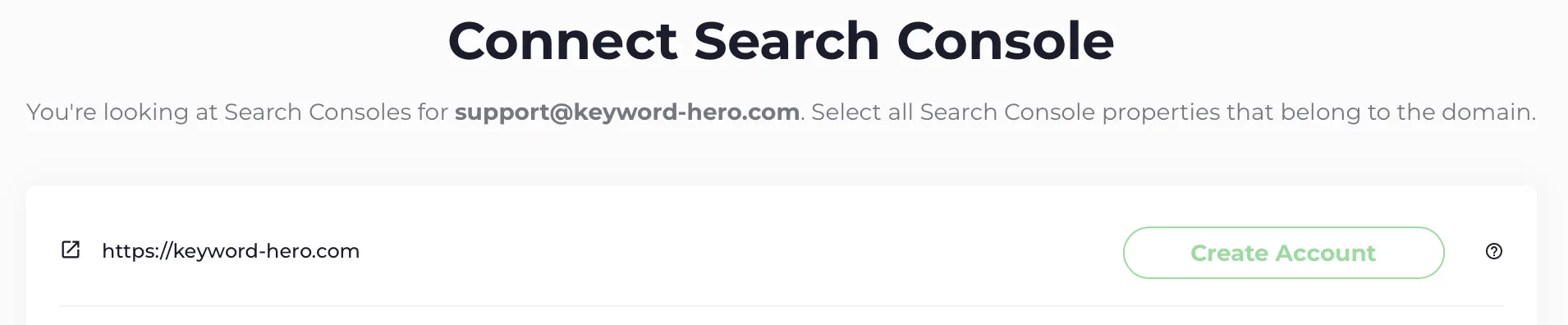A hostname in the wizard with a Create account button, because no Search Console property exists for it.