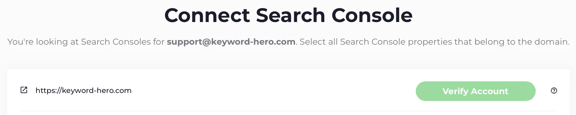 A Search Console property in the wizard with a Verify button next to it.