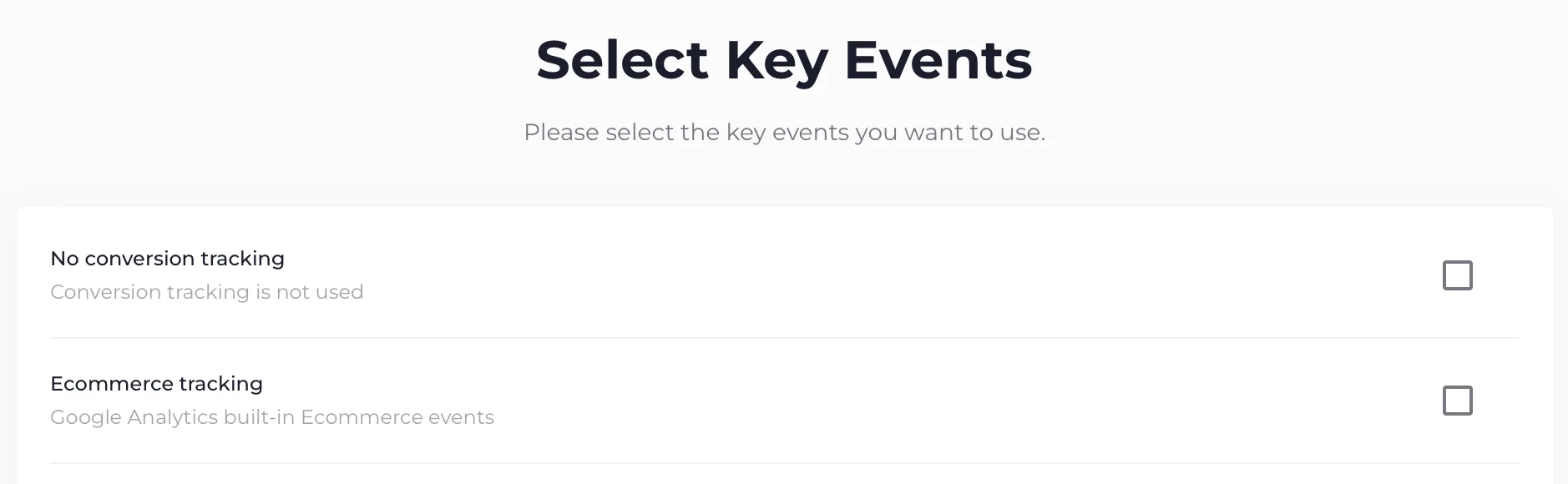 The key event step listing ecommerce tracking and the key events from the Google Analytics property.